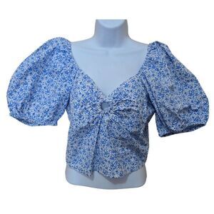 Blue Floral Puff Sleeve Crop Top With Front Cut-Out Detail milkmaid gathered top